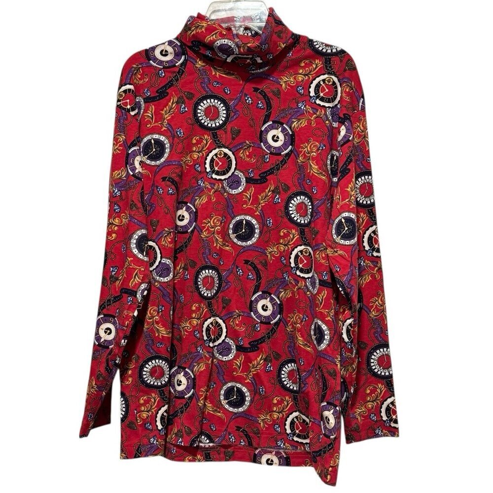 HUNT CLUB Vintage New Years Womens Size Large Red Pullover Clock Turtleneck Top